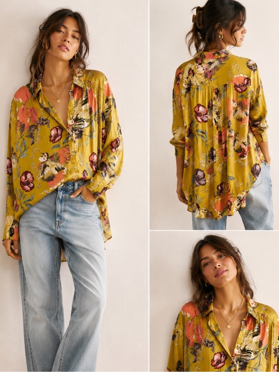Free People Tops - Free People Champs de Fleurs Silky Nights Button-down Tunic Top Floral Sz L